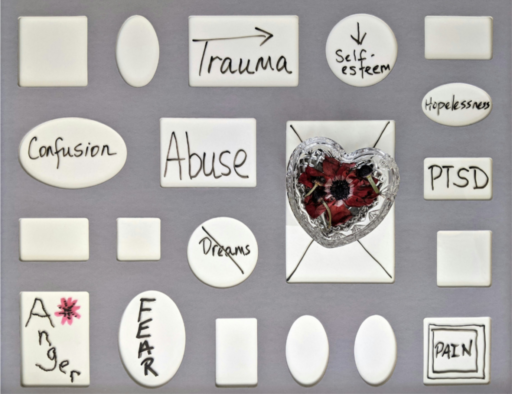 Un collage de divers morceaux de papier avec les mots « traumatisme » et « abus », mettant en valeur la santé mentale.