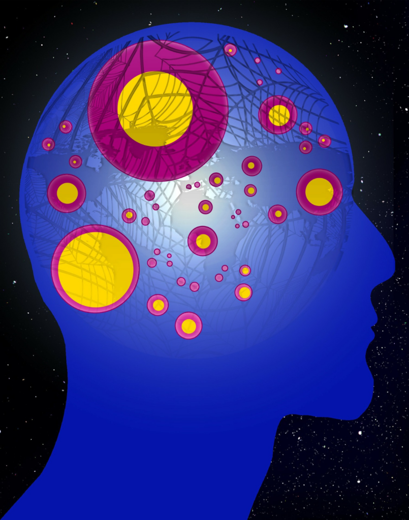 Illustration d'une silhouette de tête humaine sur un thème cosmique, mettant en vedette des corps célestes et des connexions en forme de réseau suggérant des pensées ou des idées complexes liées à la santé mentale.