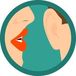 Illustration d’une personne chuchotant à l’oreille d’une autre personne.